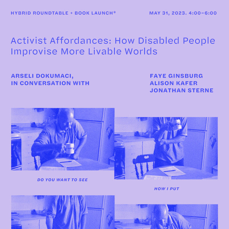 Purple poster for Activist Affordances Book Launch and Roundtable