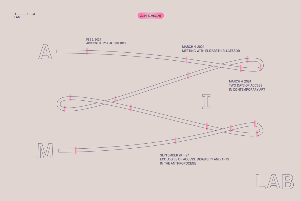 A timeline graphic spelling "AIM" with key events in 2024, featuring roundtables and workshops, on a pinky-grey background.